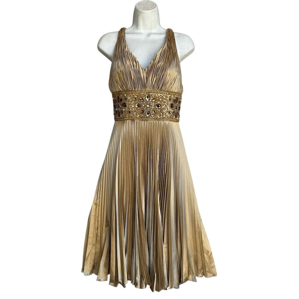 VTG Caché Luxe Gold Pleated Cocktail Dress Jeweled Waist Size 2 Beaded Glam Sexy